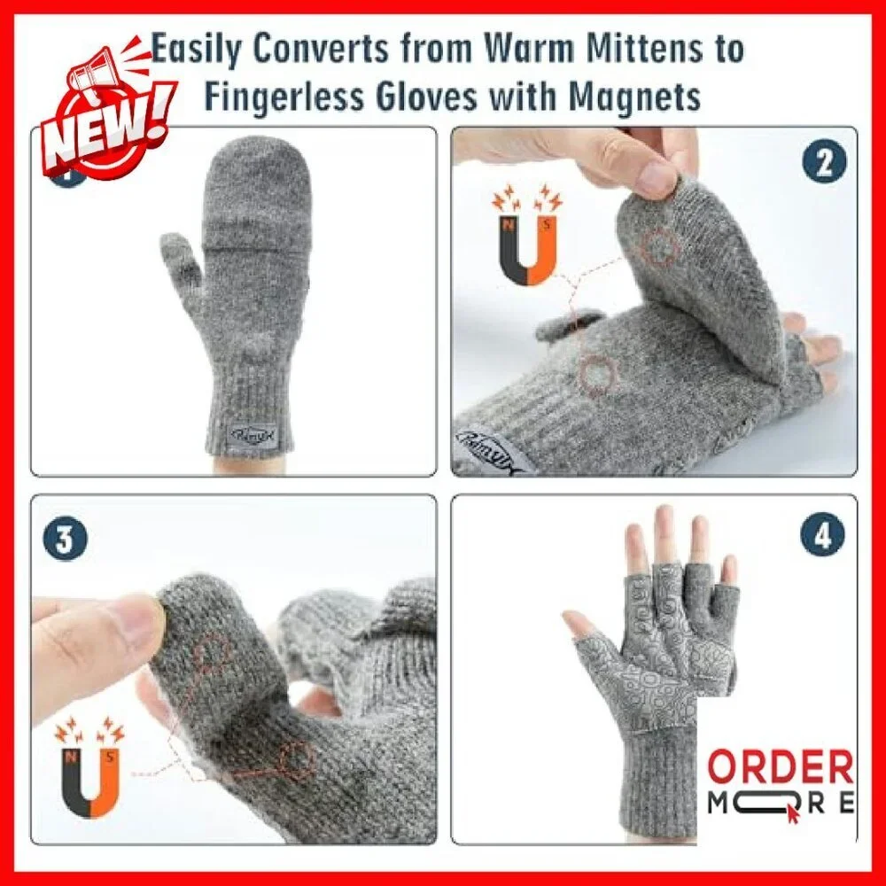 Magnetic Convertible Mittens Wool Fingerless Gloves Warm Cold Weather